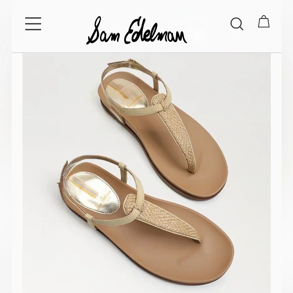 Sam Edelman Naomi Thing Beige Raffia T-Strap Sandals with Gold Accent NWOT